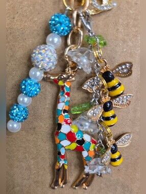 ✨ Vibrant Mosaic Giraffe & Rhinestone Bee Luxury Bag Charm / Keychain ✨
